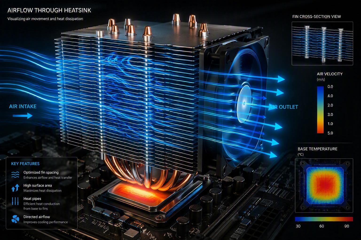Illustration of airflow through a finned heat sink and cooling fan